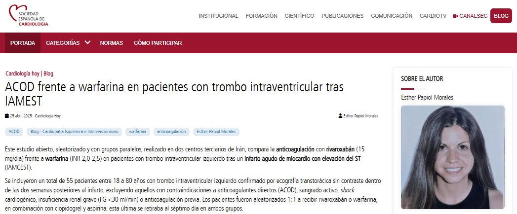 Soc Esp Cardiología (@secardiologia) on Twitter photo “Los resultados del estudio sugieren que los ACOD podrían ser una opción razonable para el manejo de los pacientes con trombo intraventricular izquierdo tras IAMCEST", destaca <a href="/estherpapiol/">Esther Papiol</a>. #BlogSEC <a href="/JovenesSec/">JóvenesSEC</a> ow.ly/I6XG50VHztc “Los resultados del estudio sugieren que los ACOD podrían ser una opción razonable para el manejo de los pacientes con trombo intraventricular izquierdo tras IAMCEST", destaca <a href="/estherpapiol/">Esther Papiol</a>. #BlogSEC <a href="/JovenesSec/">JóvenesSEC</a> ow.ly/I6XG50VHztc