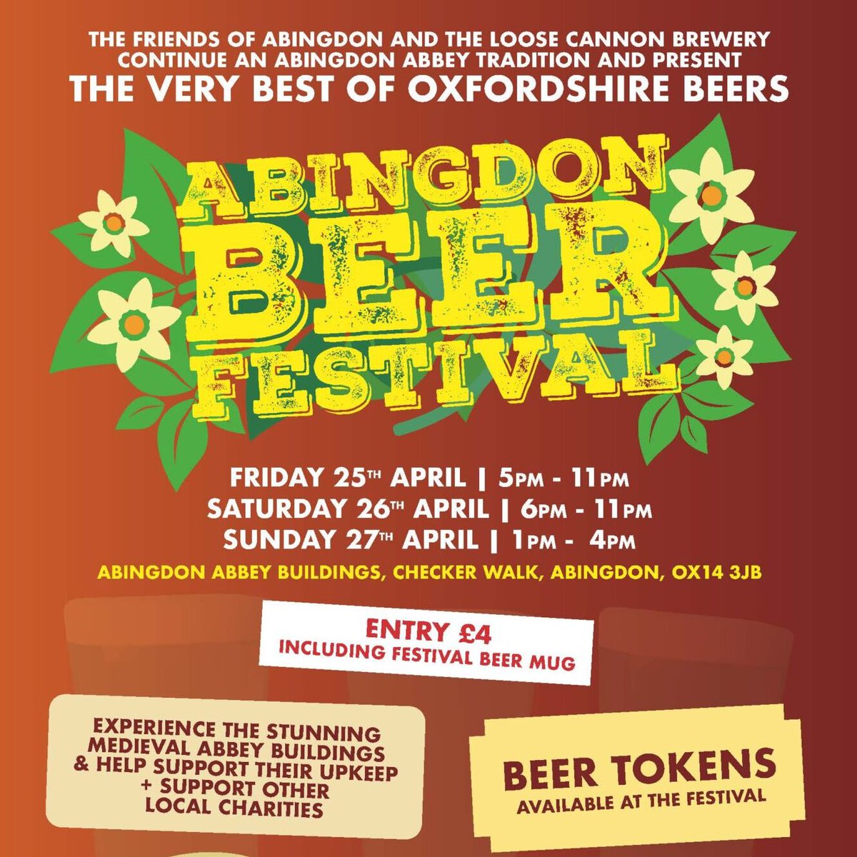 🍻 𝗧𝗛𝗜𝗦 𝗪𝗘𝗘𝗞𝗘𝗡𝗗 🎉   #AbingdonBeerFestival

Sample over 30 delicious Oxfordshire ales 🍺 at the historic Abbey Buildings, accompanied by live music from local bands 🎶. 

📅 25 - 27 April - See you there!
ℹ️ cstu.io/fa65d2
