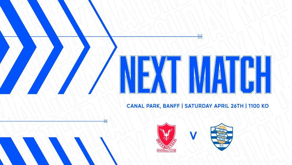 Next up is our third match in five days, and final away game of the season, as we travel to Banff to play Deveronvale. 

Always a competitive game, and Saturday is sure to be no different. 

KO 1100 - Canal Park, Banff. 

#COYD