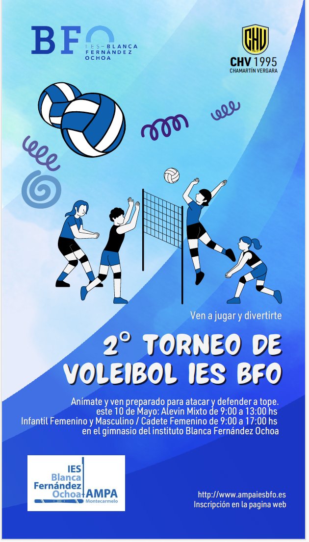 Organizado por el <a href="/ampaiesbfo/">AMPA IES Blanca Fernández Ochoa</a>, <a href="/IES_BFO/">IES Blanca Fernández Ochoa</a> y el <a href="/Chvvoleibol/">CHV - Club Voleibol Chamartin Vergara</a>. goo.su/NMC40O