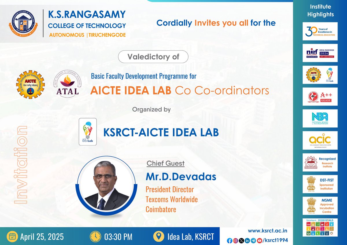 ksrct1994's tweet photo. KSRCT-AICTE IDEA LAB at KSRCT Cordially Invites you all for the Valedictory of Basic Faculty Development Programme for AICTE IDEA LAB Co-coordinators from April 25, 2025, 03:30 PM @ Idea Lab, KSRCT
#ksrct1994 #AICTE #IdeaLab #FDP #Innovations #Ideas #IdeaDevelopment #Evaluation https://t.co/CMfGUaZWIT