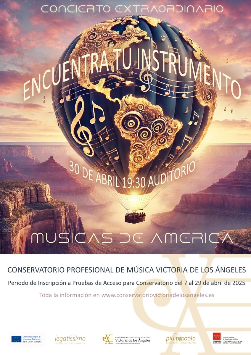 El miércoles 30 de abril se celebrará en el auditorio de nuestro conservatorio la X edición del concierto :  "Encuentra tu Instrumento". Pase:18.00h y 19.30h. Entrada con invitación: recoger en conserjería del Centro. Os esperamos
#cpmvictoriadelosangeles #encuentratuinstrumento