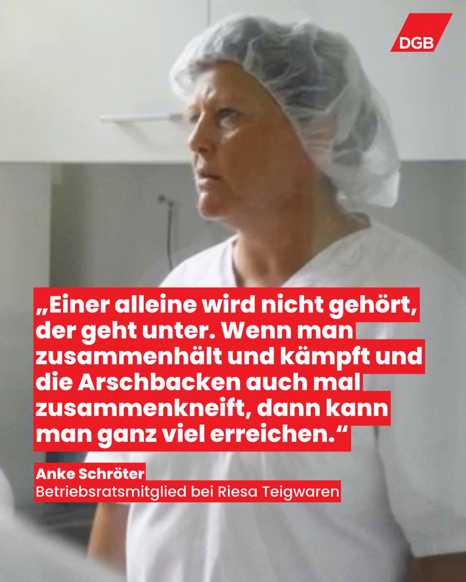 Sei wie Anke – mach dich #StarkMitUns für faire Arbeitsbedingungen in ganz Deutschland. #1Mai

Anke Schröter arbeitet schon mehr als 25 Jahre bei Teigwaren Riesa. Zusammen mit ihren Kolleg*innen gründete sie einen Betriebsrat, um endlich für bessere Arbeitsbedingungen zu sorgen.