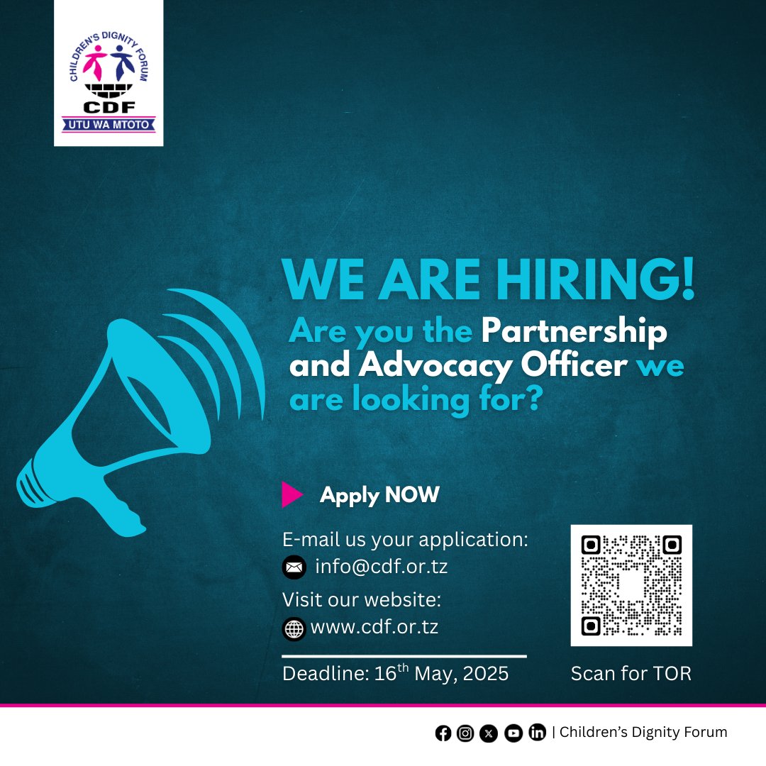 📢We are hiring!

Children's Dignity Forum is looking for a Partnership and Advocacy Officer to join our team.

If you're passionate about driving positive change in children’s rights, this could be your chance!
Apply by 16th May, 2025.
Visit our website to learn more: