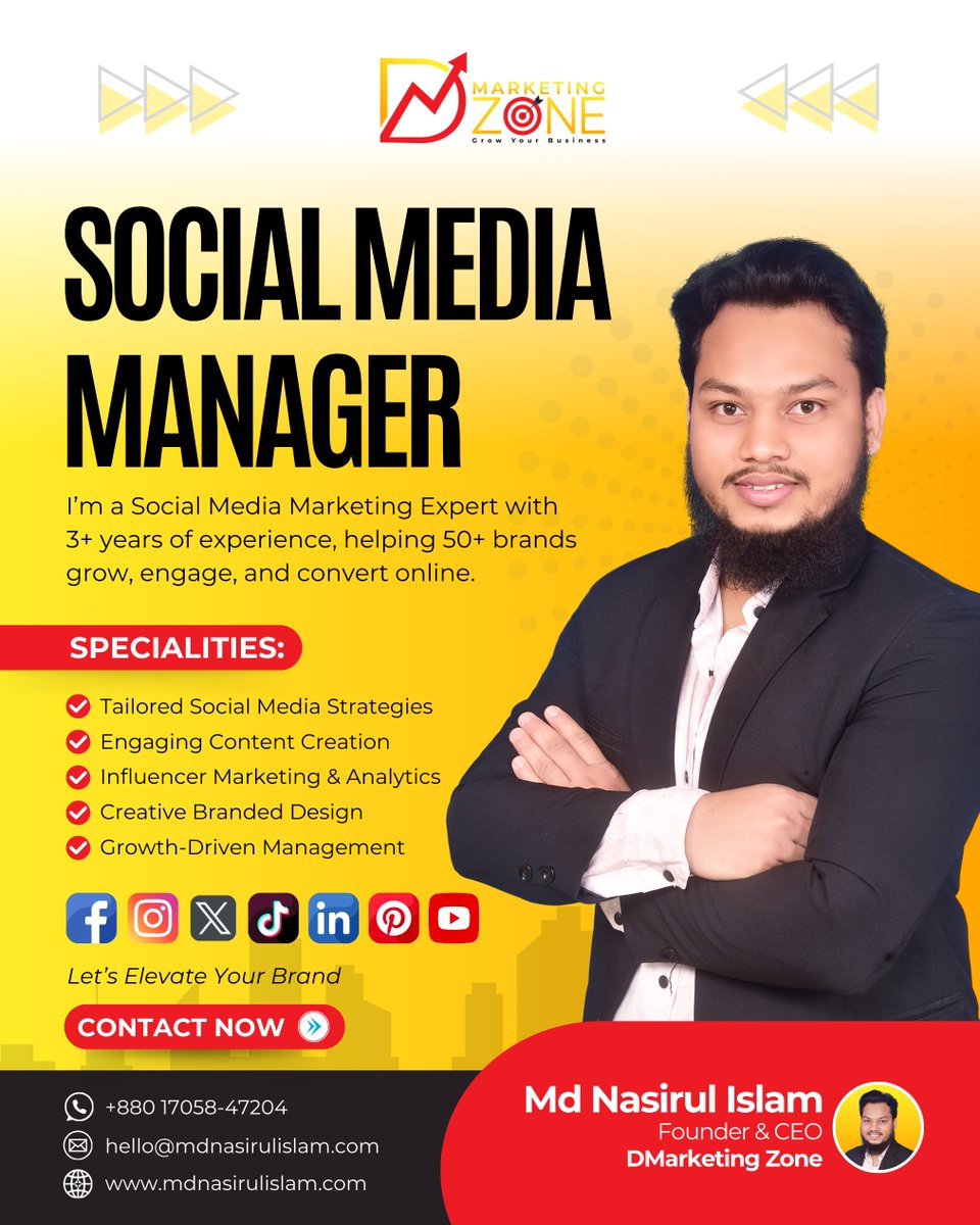 I’m Md Nasirul Islam — Founder &amp; CEO of <a href="/Dmarketingzone_/">DMarketing Zone</a>  — where we turn scroll-stopping content into real business growth. 🚀

✨ Tailored Strategies
✨ Engaging Content
✨ Influencer Collabs
✨ Creative Design
✨ Growth-Driven Management

#SocialMediaMarketing #DMarketingZone