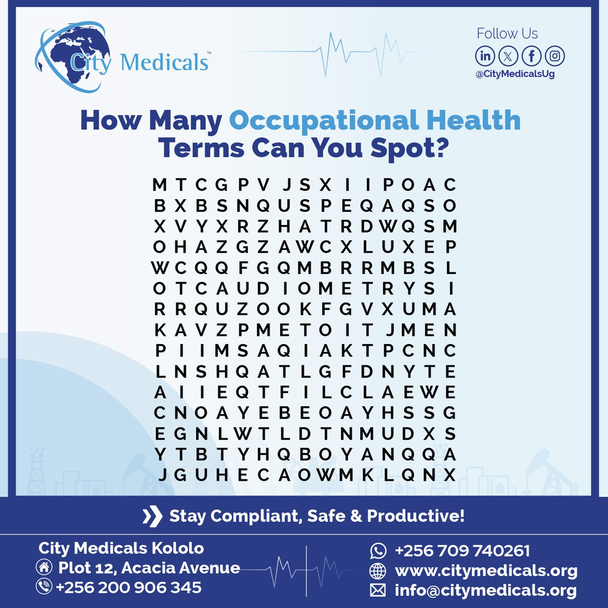 CityMedicalsug's tweet image. Time for a little brain workout. ! 🤔
 How Many Occupational Health Terms Can You Spot? drop your answer in the comments section. #WorkplaceSafety #FitForWork #occupationalhealth#FridayTrivia