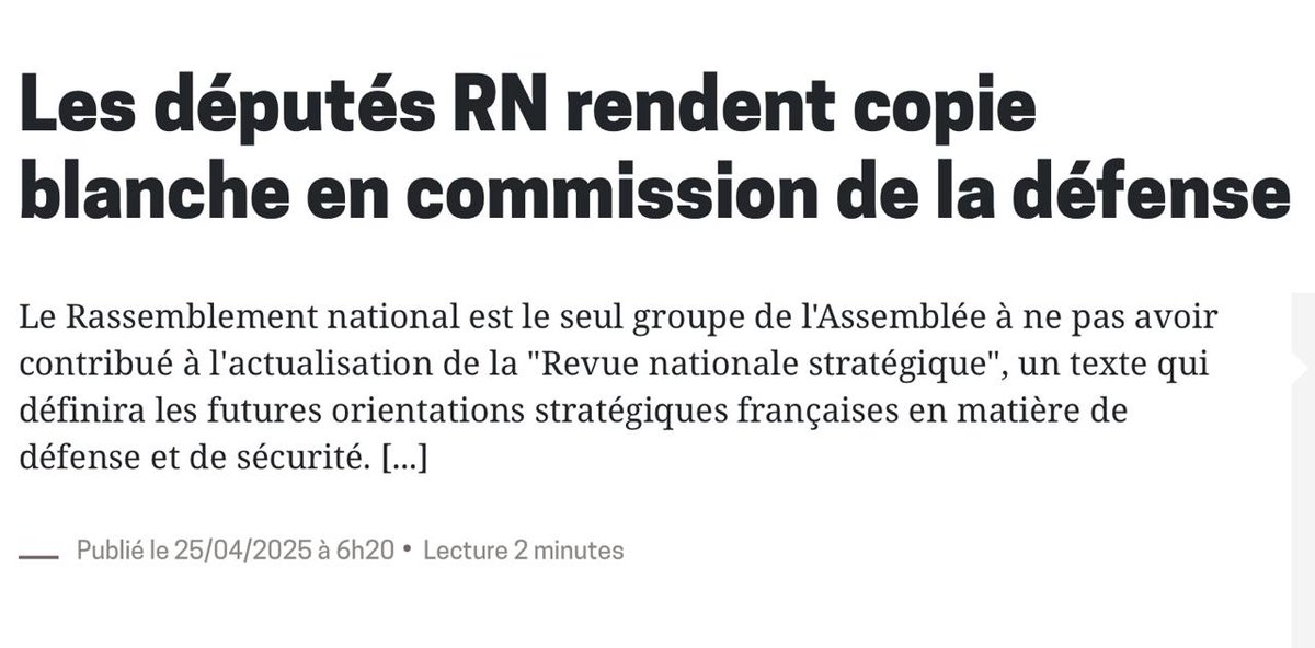 ALeaument's tweet photo. Le RN est le SEUL groupe de l'Assemblée à avoir rendu une copie blanche en commission de la défense.

Ils n'ont donc rien à dire en matière de défense et de sécurité.

Les Français doivent savoir à quel point ce parti est une fraude permanente. https://t.co/BkcacVTOG2