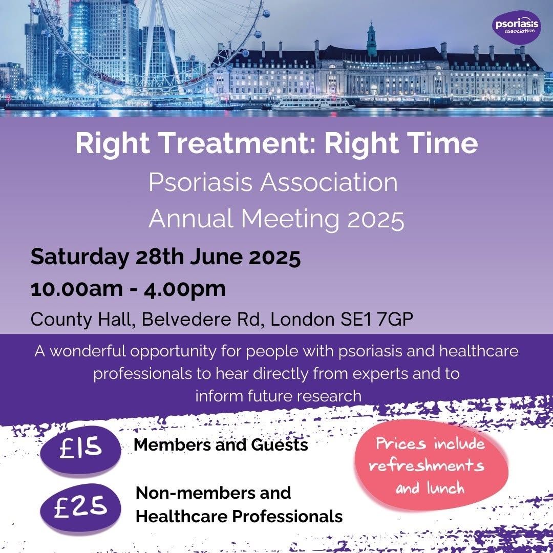 myskinstudy's tweet image. 📣 Booking is live for the ‘Right Treatment: Right Time’ Annual Meeting!

📆Saturday 28 June 2025
📍County Hall, London
📲Head to the @PsoriasisUK website to book

The Psoriasis Association is our long-standing research partner and funder of the #mySkin study.

#psoriasisresearch