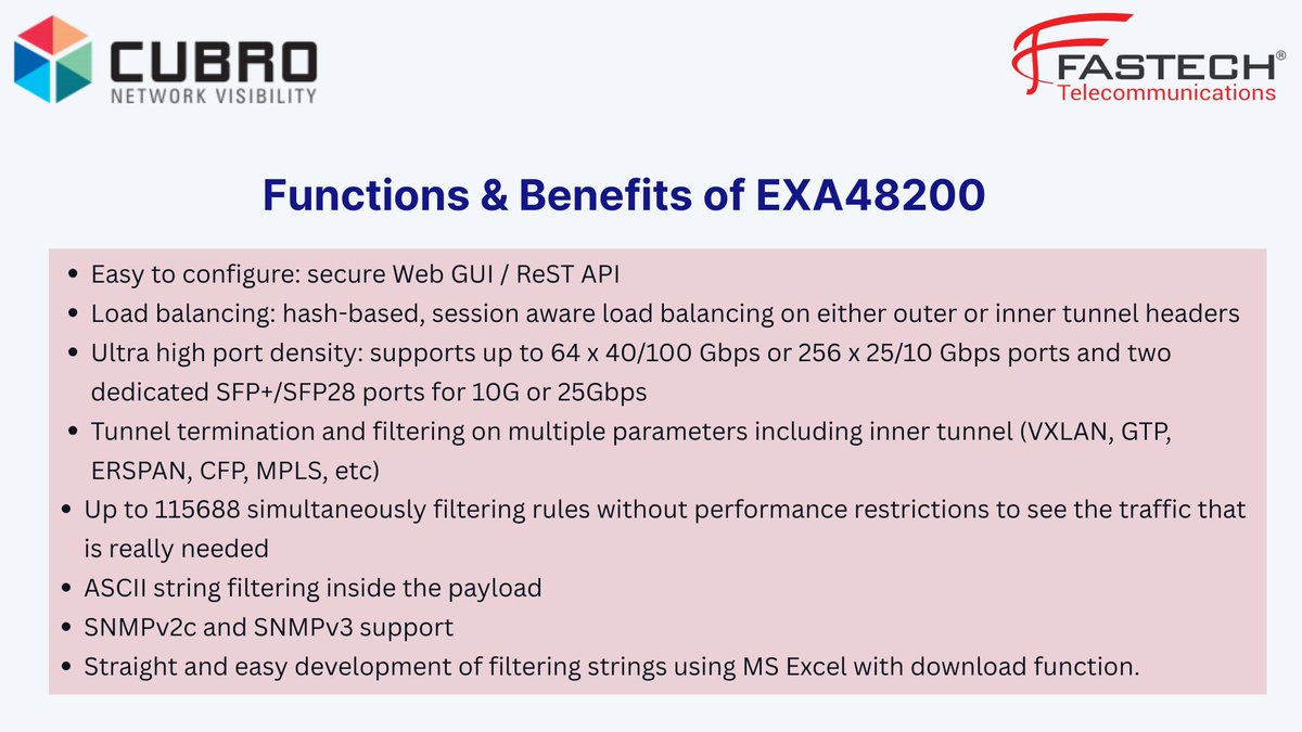 fastech_T's tweet image. 🚀 Meet the EXA64100 – a high-performance network packet broker built for top-tier traffic aggregation, filtering, duplication &amp;amp; load balancing.
Powered by programmable switching &amp;amp; multi-core architecture for ultra-efficient data flow.
cing 

#FastechTelecommunications