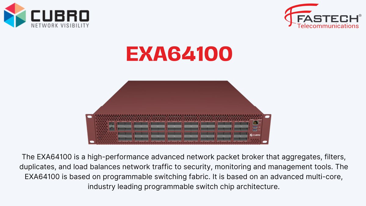 fastech_T's tweet image. 🚀 Meet the EXA64100 – a high-performance network packet broker built for top-tier traffic aggregation, filtering, duplication &amp;amp; load balancing.
Powered by programmable switching &amp;amp; multi-core architecture for ultra-efficient data flow.
cing 

#FastechTelecommunications