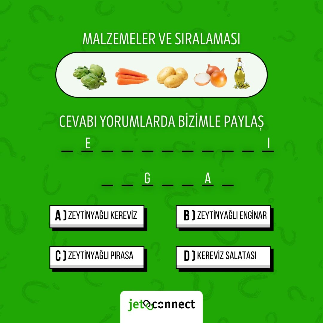 jetconnectapp's tweet photo. Cevabı tahmin et, yorumlara yaz! 🍽️ Bu malzemelerle hangi yemek yapılır? 🧐

#bulmaca #jetconnect #sebzeyemeği #lezzetli #bilbakalım #mutfakoyunu https://t.co/Wlzvy6ntFW