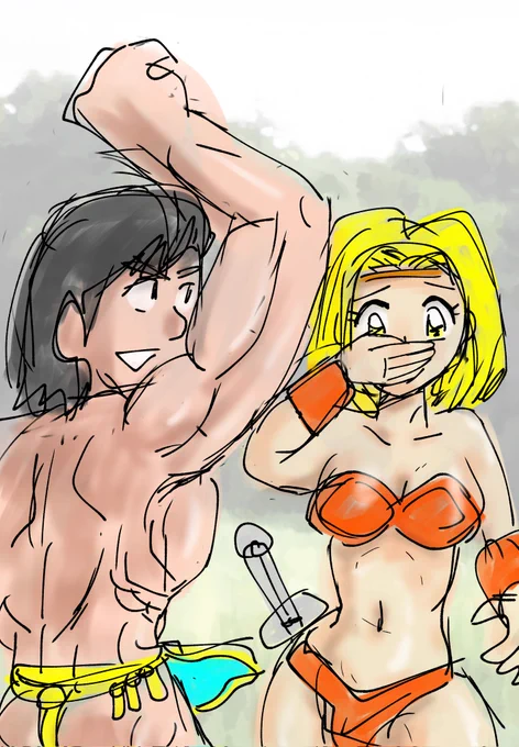 FF様の水乃きいん( )さんから、私とたまりん( )さんのコラボ作品にFAをいただきました(1枚目)!カッコいい!2枚目は短編読み物の元になった絵(たまりんさん作)どちらも素晴らしいですビキニアーマー VS フンドシアーマー 
