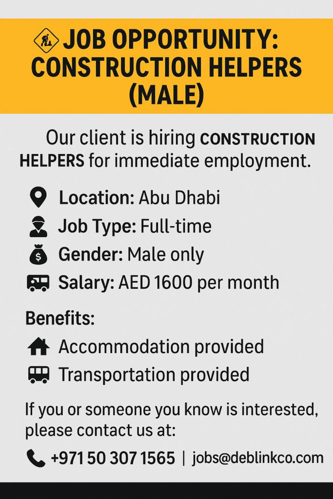 DebbysStar's tweet image. 🚧 Job Opportunity: Construction Helpers (Male) 🚧 
Our client is hiring Construction Helpers for imme 
deblinkco.com/jobs/%f0%9f%9a…
