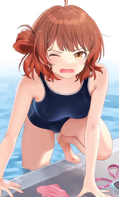 お姉ちゃんとの水泳勝負に負けて悔しがる花海 佑芽ちゃん。 