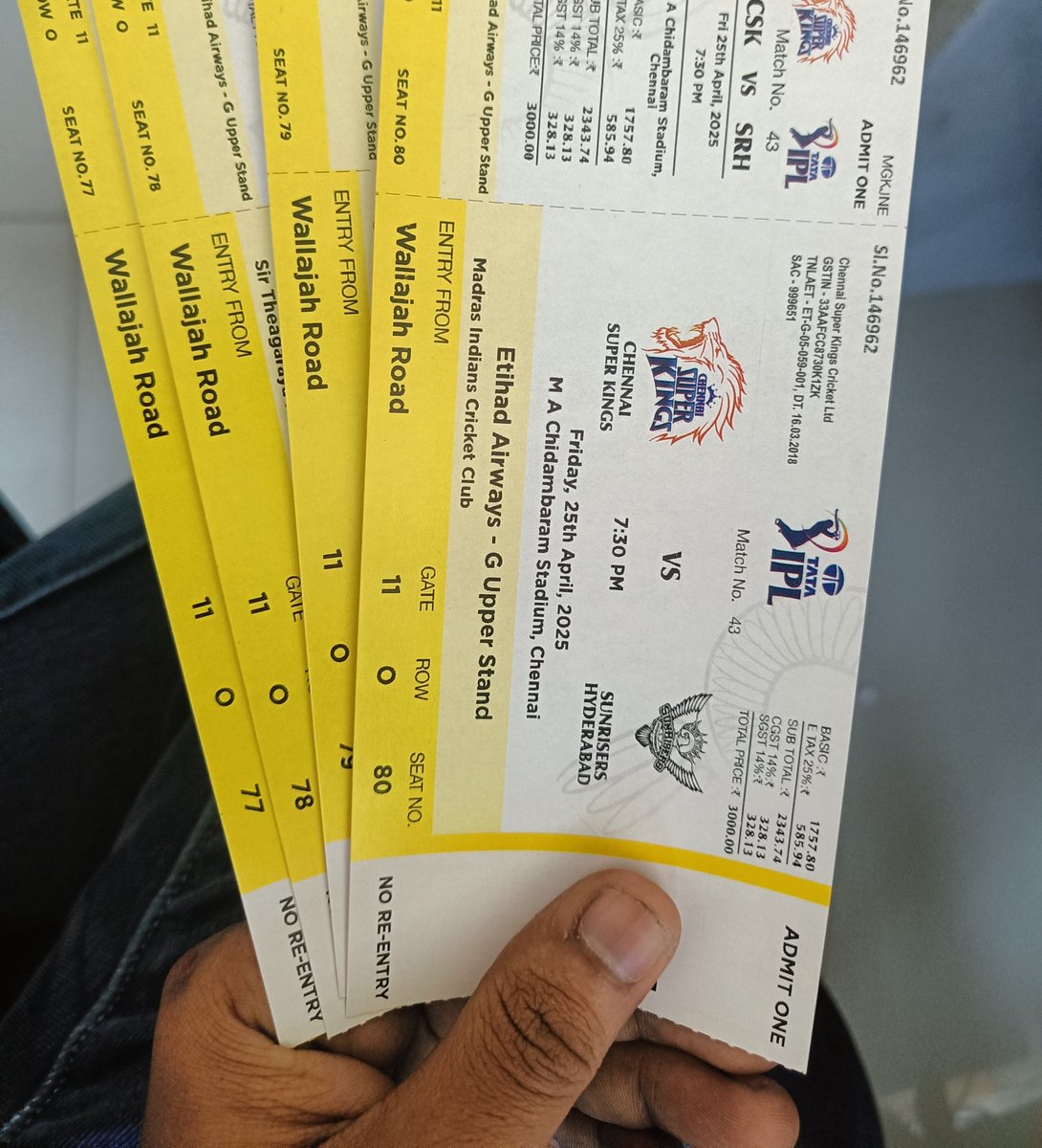 jaswanthvd's tweet photo. #CSKvsSRH tickets available
G stand Umpires view 
DM for rate.
#IPL2025 #ipltickets https://t.co/ccJXp6YYrQ