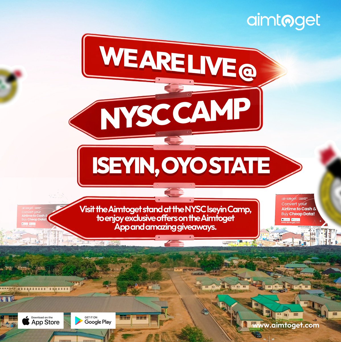 Aimtoget Storms NYSC Camp Iseyin Oyo State: Where serving the fatherland meets serving our customers with amazing deals and the chance to win amazing prizes.🎉

Are you a Corp member at the Iseyin camp? Hurry to the Aimtoget stand on site to stand a chance to win amazing