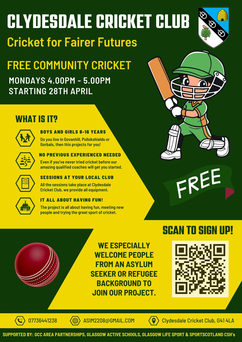 Glasgow Sport (@glasgow_sport) on Twitter photo Launching MONDAY!!
FREE Community Cricket for 8 to 16 year olds with our #communitysportshub partners <a href="/DaleCricket/">Clydesdale CC</a>
No need to have played before and all equipment is provided. Full details on the poster below <a href="/PEPASSGlasgow/">PEPASS Glasgow</a>
Sign up below š
docs.google.com/forms/d/e/1FAI⦠Launching MONDAY!!
FREE Community Cricket for 8 to 16 year olds with our #communitysportshub partners <a href="/DaleCricket/">Clydesdale CC</a>
No need to have played before and all equipment is provided. Full details on the poster below <a href="/PEPASSGlasgow/">PEPASS Glasgow</a>
Sign up below š
docs.google.com/forms/d/e/1FAIā¦