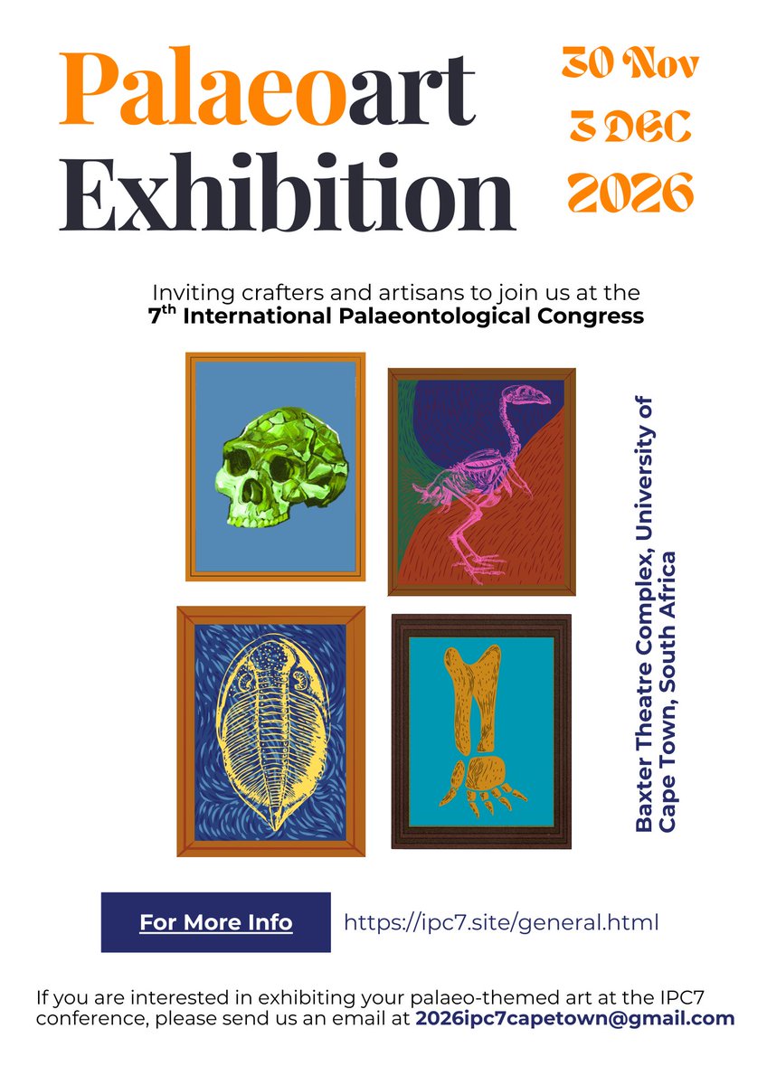 📣 Calling all palaeoartists!!
Showcase your work at IPC7

We’re offering FREE stand/booth space for you to exhibit your art at the conference.
Email us to get involved!

Let’s bring science to life!
ipc7.site

#IPC7 #Palaeoart #Fossilfriday