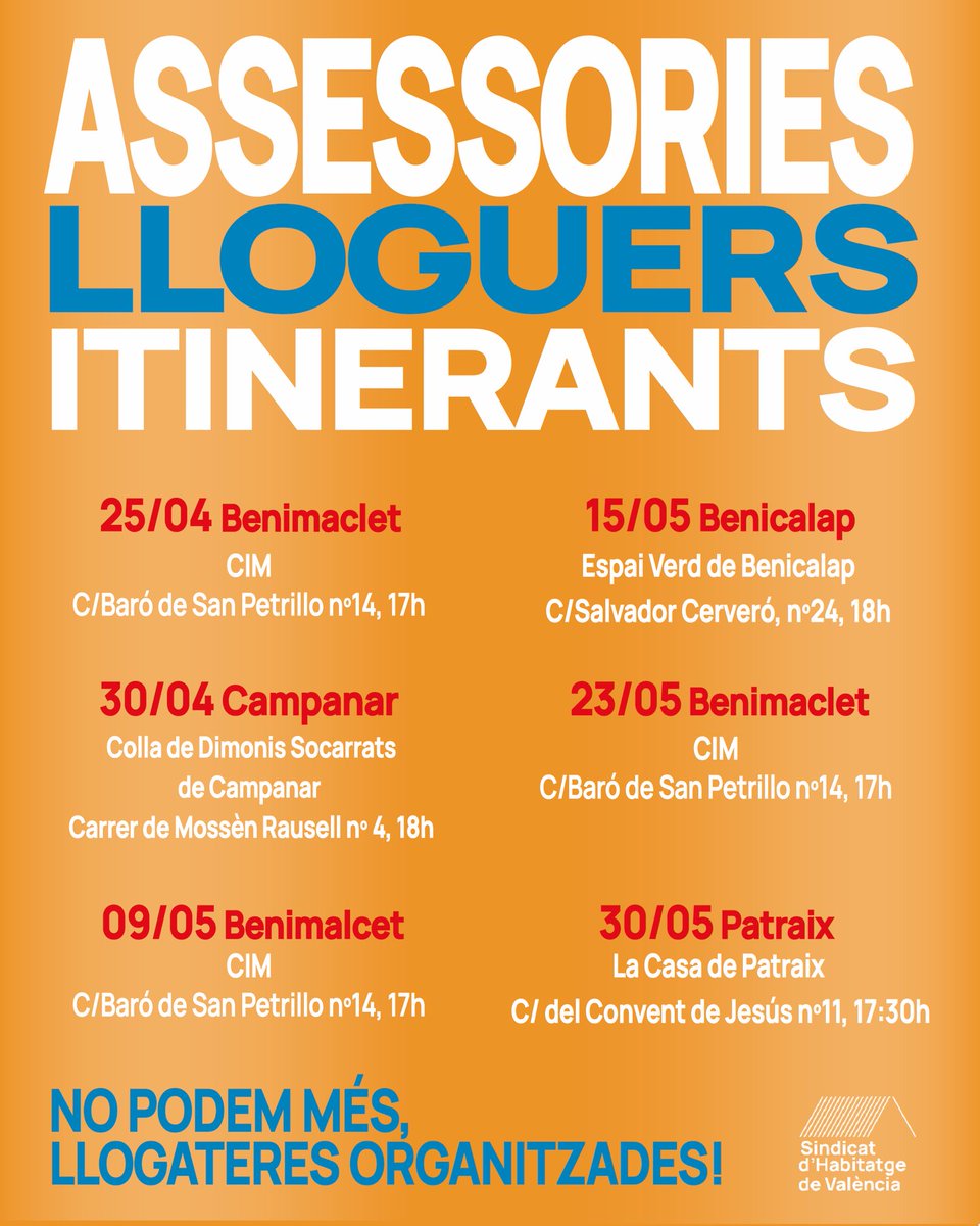 🔵 ASSESSORIES ITINERANTS 🔵

Durant les pròximes setmanes estarem organitzant assessories de lloguers en diferents barris de València 🗣️

Contra rendistes i especuladors, la classe treballadora estenem l’eina sindical! Llogatera, organitza’t! 💥