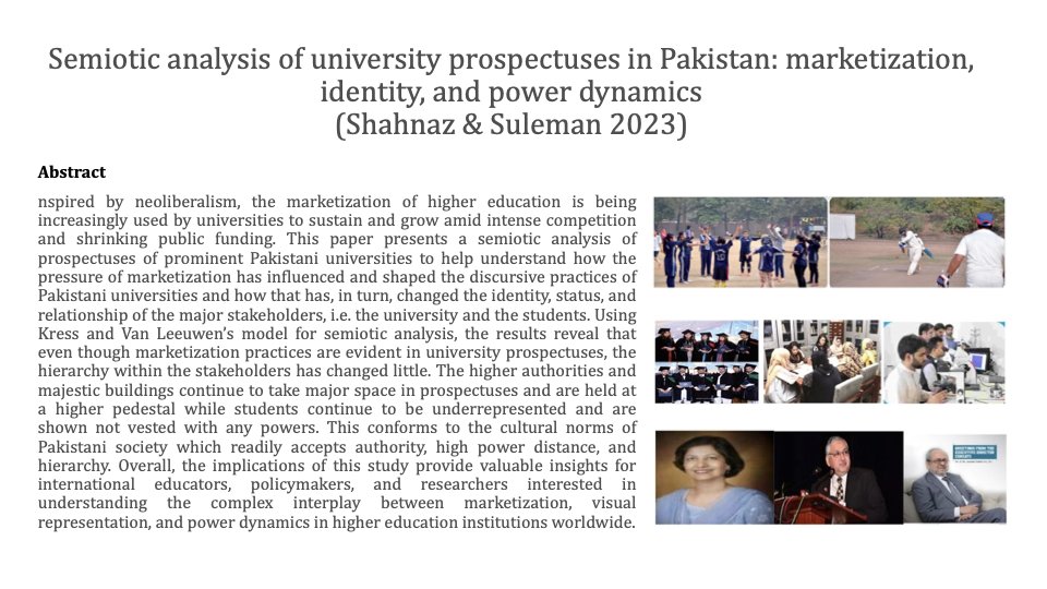 Semiotic analysis of university prospectuses in Pakistan: marketization, identity, and power dynamics
By Ambreen Shahnaz &amp; Nazia Suleman
DOI: 10.1080/10350330.2023.2286452
#socialsemiotics #Marketization #identityconstruction #highereducation #Pakistan