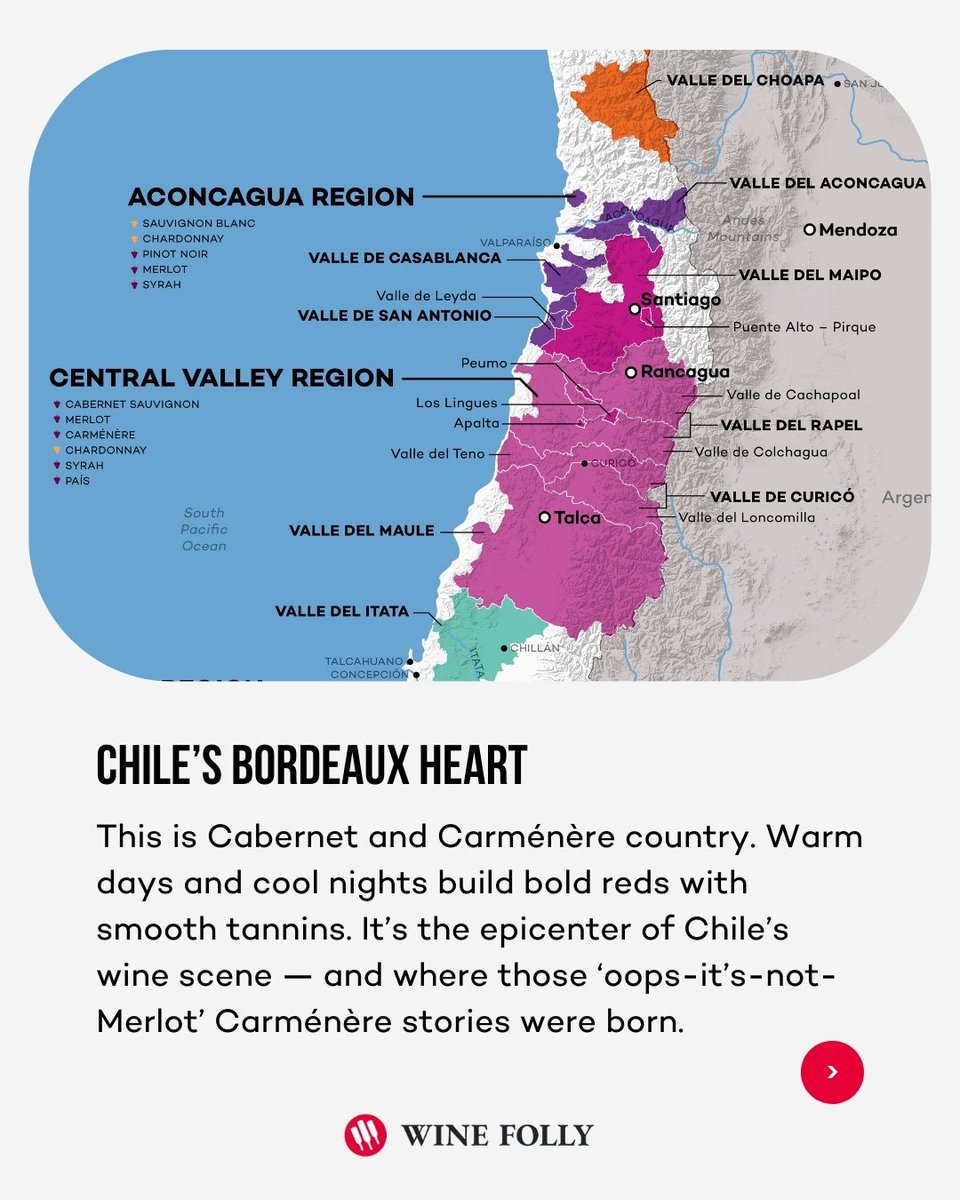 WineFolly's tweet photo. This long, skinny country sandwiched between the Andes Mountains and the Pacific Ocean is a cool-climate playground with a wild range of styles — from coastal Chardonnay to high-elevation Syrah.
🎯 Learn more at https://t.co/3O2zJ3rY1W
#ChileanWine #WineEducation #WineMap https://t.co/9UjMjlWG4W