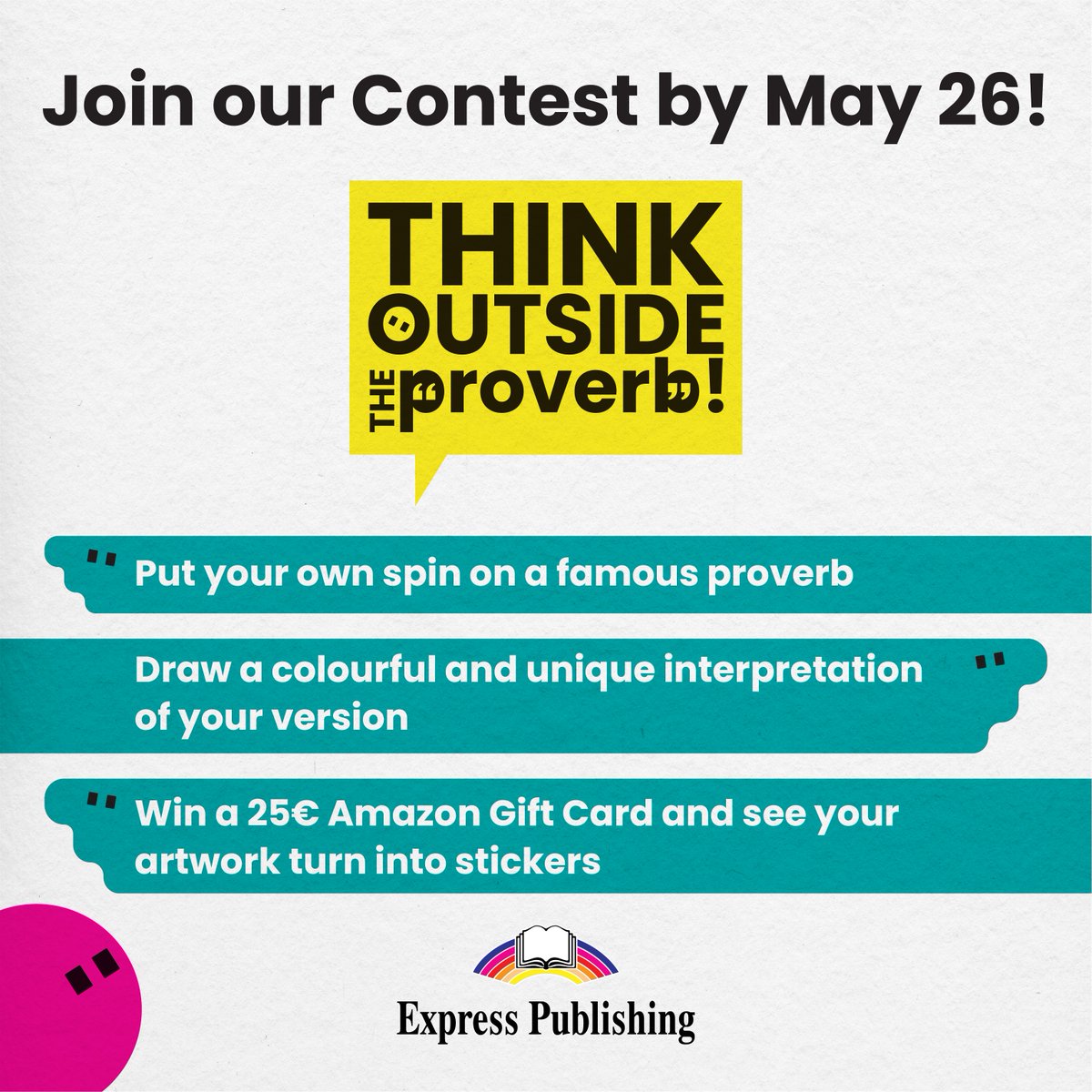 🎈 As an educator, you’re always looking for interesting ways to engage your students and foster their creativity. 
Our contest is the perfect opportunity to do just that! ✔️
➡️ expresspublishing.co.uk/blog/think-out…
#ThinkOutsideTheProverb #StudentContest #StudentChallege #ELT