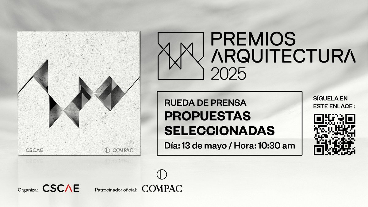 No te pierdas en directo, el próximo el martes, 13 de mayo, la rueda de prensa donde desvelaremos las obras seleccionadas a los #PremiosARQUITECTURA 2025 de entre las 456 propuestas presentadas y que abarcan todas las disciplinas de la Arquitectura

cscae.com/index.php/cono…