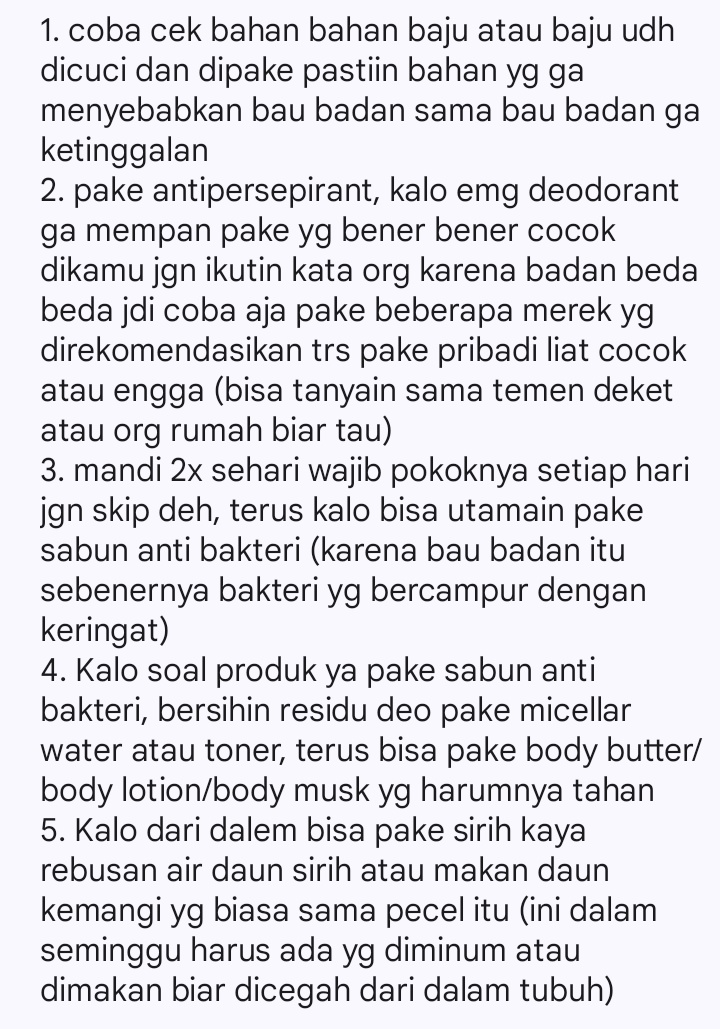 <a href="/tanyakanrl/">Tanyarl 💚</a> kalo udh ngerasa berkeringat atau bau badan jaga jarak aja sama orang lain atau bisa nanyain ke temen deket kamu yg hidungnya emg nyaring bgt kalo cium bau biar kamu bisa reply deo atau antipersepirantnya