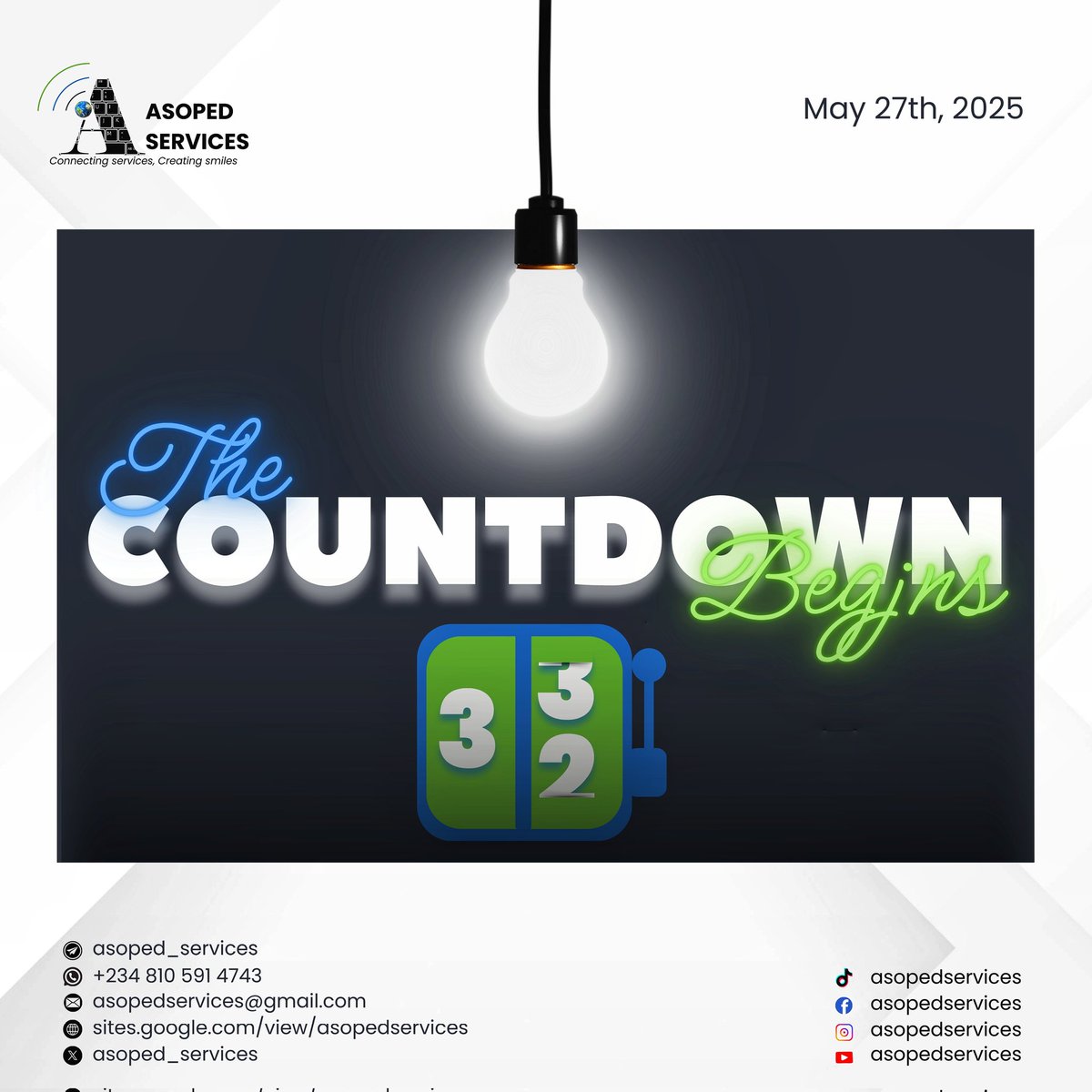 asoped_services's tweet photo. 32 Days to Go...
Your hustle is about to get its spotlight
Stay with us as we build the future one service at a time.
#AsopedServices
#TheAsopedEffect
#StudentHustle
#NDU
#CampusBusiness
#May27Launch
#ConnectingServicesCreatingSmiles https://t.co/5iuYKSDHTY