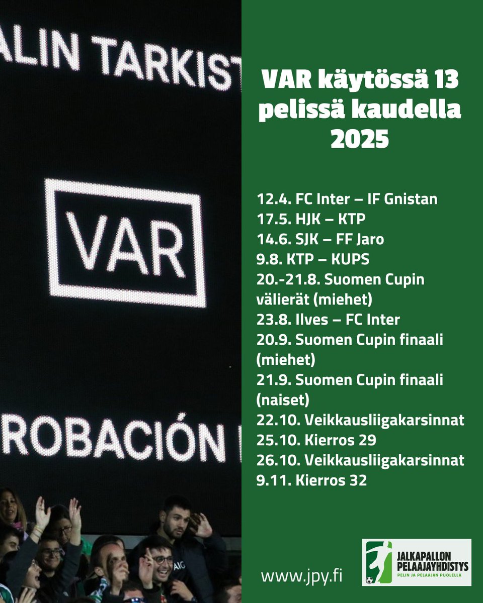VAR on käytössä 13 pelissä kaudella 2025.

🔗jpy.fi/fi/uutiset/var…

#pelaajayhdistys