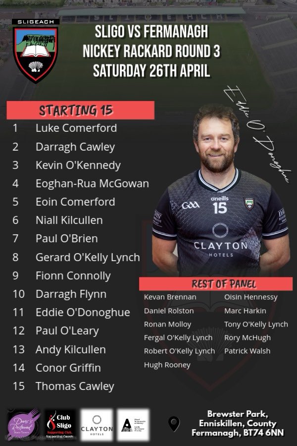 sligogaa's tweet photo. The @sligogaa senior hurling team to play @FermanaghGAA in Round 3 of the Nickey Rackard Cup tomorrow - throw in 3.00pm. Tickets in advance, online at https://t.co/r7h5FvDxvz or from select SuperValu/Centra stores https://t.co/6tmaHMDsSI