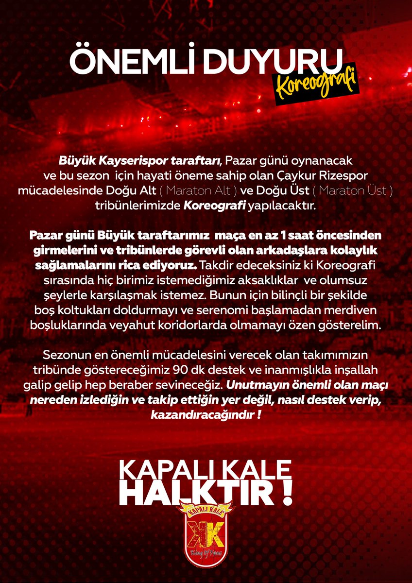 Doğu alt ve üst tribüne girecek olan taraftarlarımıza önemle duyurulur .🟨🟥