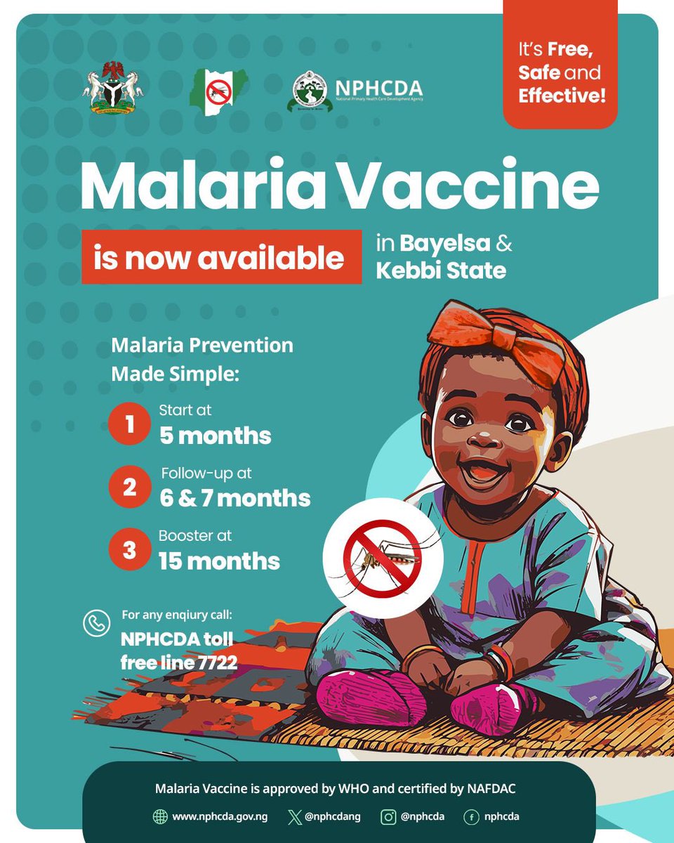 #WorldMalariaDay

Malaria Vaccine now available at no cost in Kebbi &amp; Bayelsa States

It’s Free, Safe and Effective!

#AfricanVaccinationWeek2025
#NPHCDA
#FMoHNigeria
#WHO
#UNICEFNigeria