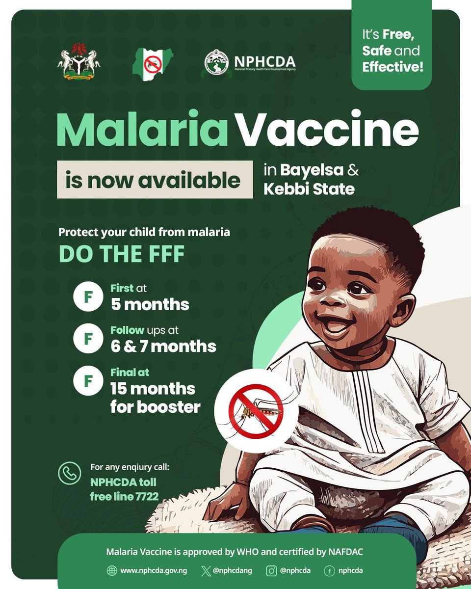 NphcdaNG's tweet photo. #WorldMalariaDay

Malaria Vaccine now available at no cost in Kebbi &amp; Bayelsa States

It’s Free, Safe and Effective!

#AfricanVaccinationWeek2025
#NPHCDA
#FMoHNigeria
#WHO
#UNICEFNigeria https://t.co/ejzspv0s2S