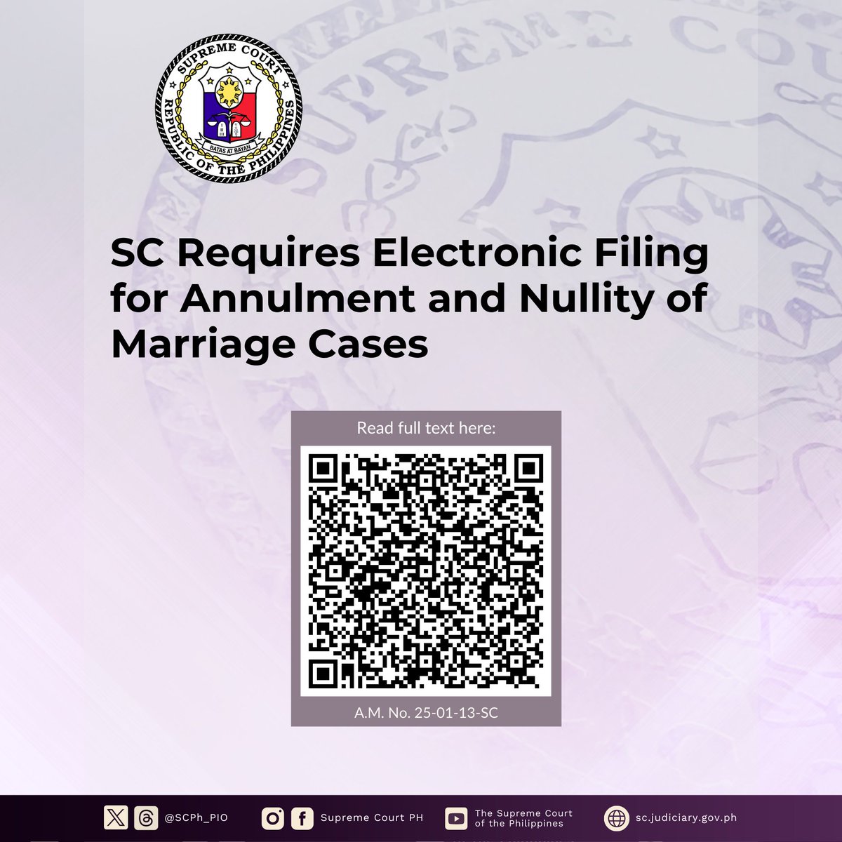 Annulment and nullity of marriage cases must now be filed and served electronically through email, except for initiatory pleadings.

In A.M. No. 25-01-13-SC, the #SupremeCourtPH En Banc expanded Rule 13-A of the Rules of Civil Procedure, which mandates electronic filing and