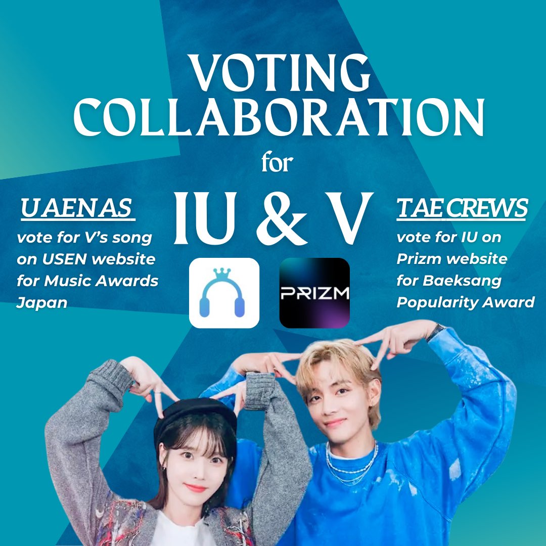 IU x V Voting Collaboration with <a href="/vote4kths/">KTH Voting Team</a> 

Uaenas, Tae Crews are here to help us in voting for <a href="/_IUofficial/">아이유(IU)</a> in Baeksang Popularity Award!

In return, let’s vote V’s song in Music Awards Japan to reach number 1 spot.
Click the link to vote:
🔗usen.oshireq.com/song/6493667

Please,