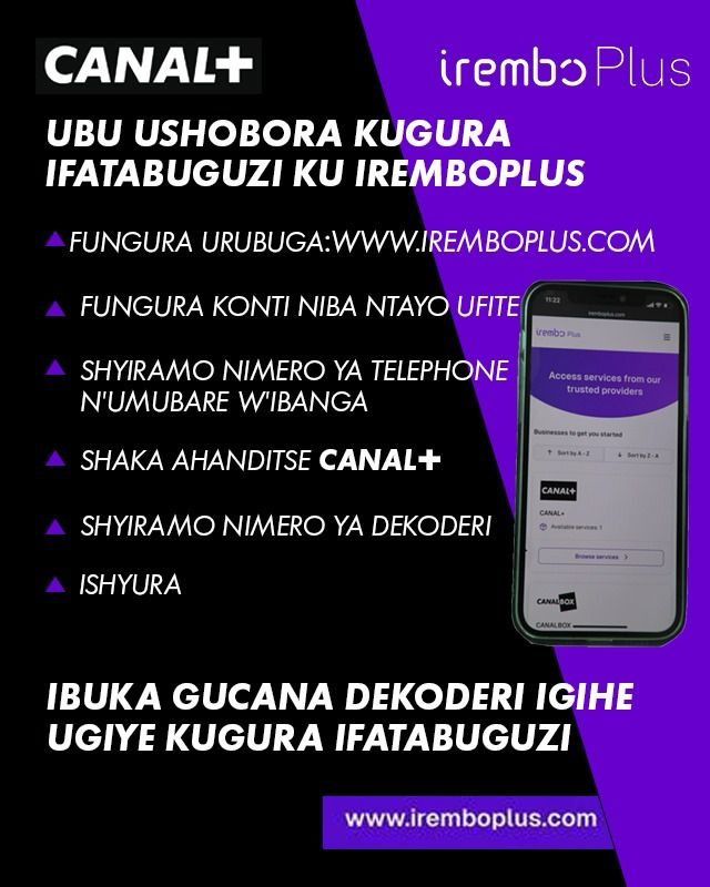 UwihirwePatric1's tweet photo. Amakuru ashyushye!
Wari uziko kuri ubu, ushobora kugura ifatabuguzi rya @canalplus unyuze ku #IremboPlus.
@theupdaterwanda
@CanalPlusRwanda
#RwOT
@HASINGIZWE2 https://t.co/QcllhLjS0l