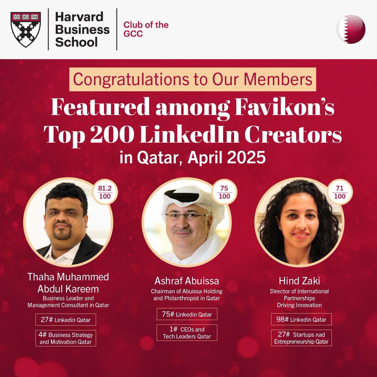 HBSGCC's tweet image. Congratulations to Thaha Muhammed Abdul Kareem, Ashraf Abuissa, and Hind Zaki for being named in Favikon’s Top 200 LinkedIn Creators in Qatar. A proud moment for the @HarvardHBS GCC community. 

#HBSGCC #TopLinkedInVoices #FavikonQatar #AlumniSpotlight #DigitalLeadership