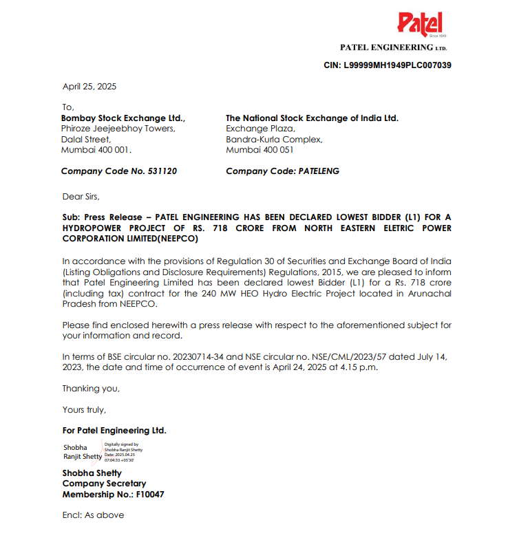 EyeOn_Trade's tweet image. #Patel Engineering Ltd 
PATEL ENGINEERING HAS BEEN DECLARED LOWEST BIDDER (L1) FOR A HYDROPOWER PROJECT OF RS. 718 CRORE FROM NORTH EASTERN ELETRIC POWER CORPORATION LIMITED(NEEPCO) 
NO BUY SELL HOLD RECOMMENDATION