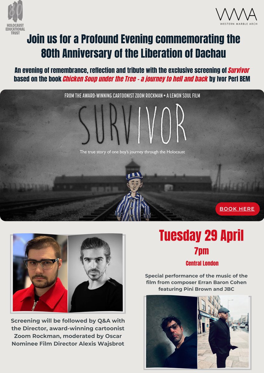 @SURV_IVOR_Film (@surv_ivor_film) on Twitter photo Join us for a Profound Evening commemorating the 80th Anniversary of the Liberation of Dachau. Screening of #SurvivorFilm Followed by Q&A with <a href="/The_ZoomComic/">Zoom Rockman</a> and Music from composer Erran Baron Cohen
FOR TICKETS:eventbrite.co.uk/e/commemoratin… Join us for a Profound Evening commemorating the 80th Anniversary of the Liberation of Dachau. Screening of #SurvivorFilm Followed by Q&A with <a href="/The_ZoomComic/">Zoom Rockman</a> and Music from composer Erran Baron Cohen
FOR TICKETS:eventbrite.co.uk/e/commemoratin…
