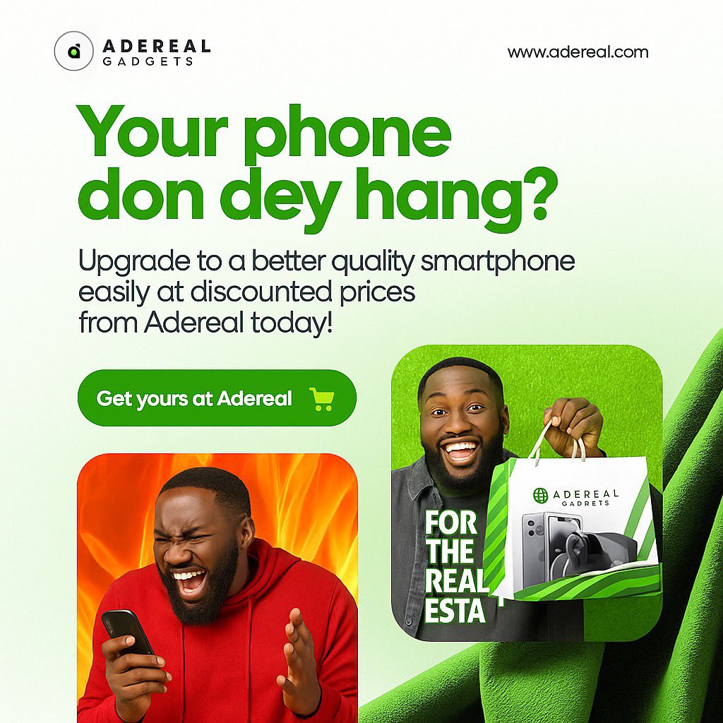 Aderealnigeria's tweet image. Upgrade to a quality smartphone today with Adereal Gadgets it’s easy, affordable, and stress-free.
Say goodbye to that bad phone for good. Shop now and level up your gadget game.

#AderealGadgets #YouDeserveBetter #NoMorePhoneWahala #SmartUpgrade #TechMadeEasy