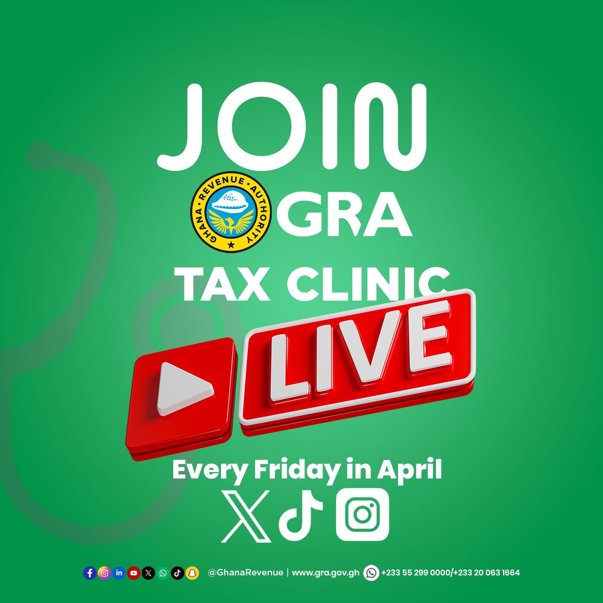 GhanaRevenue's tweet image. Join GRA’s Online Tax Clinic LIVE! 
TODAY @1:00PM
Get expert guidance on Online Filing of Personal Income Tax Returns and understand your Taxpayer Rights &amp;amp; Obligations in our interactive sessions on:
* X Spaces
* Linkedin Live
* Instagram Live
* TikTok Live
Ask questions, get…