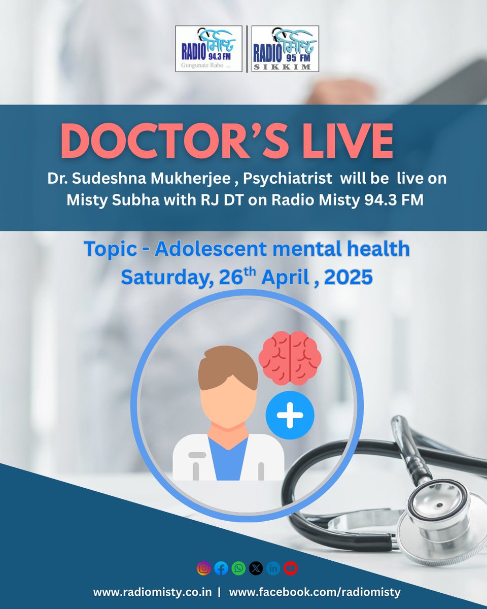 radiomisty943's tweet image. Dr. Sudeshna Mukherjee, Psychiatrist will  be live on Misty Subha with RJ DT on Radio Misty 94.3 FM this Saturday , 8 am onwards.

#doctorslive #doctorsession #mistysubah #radiomisty