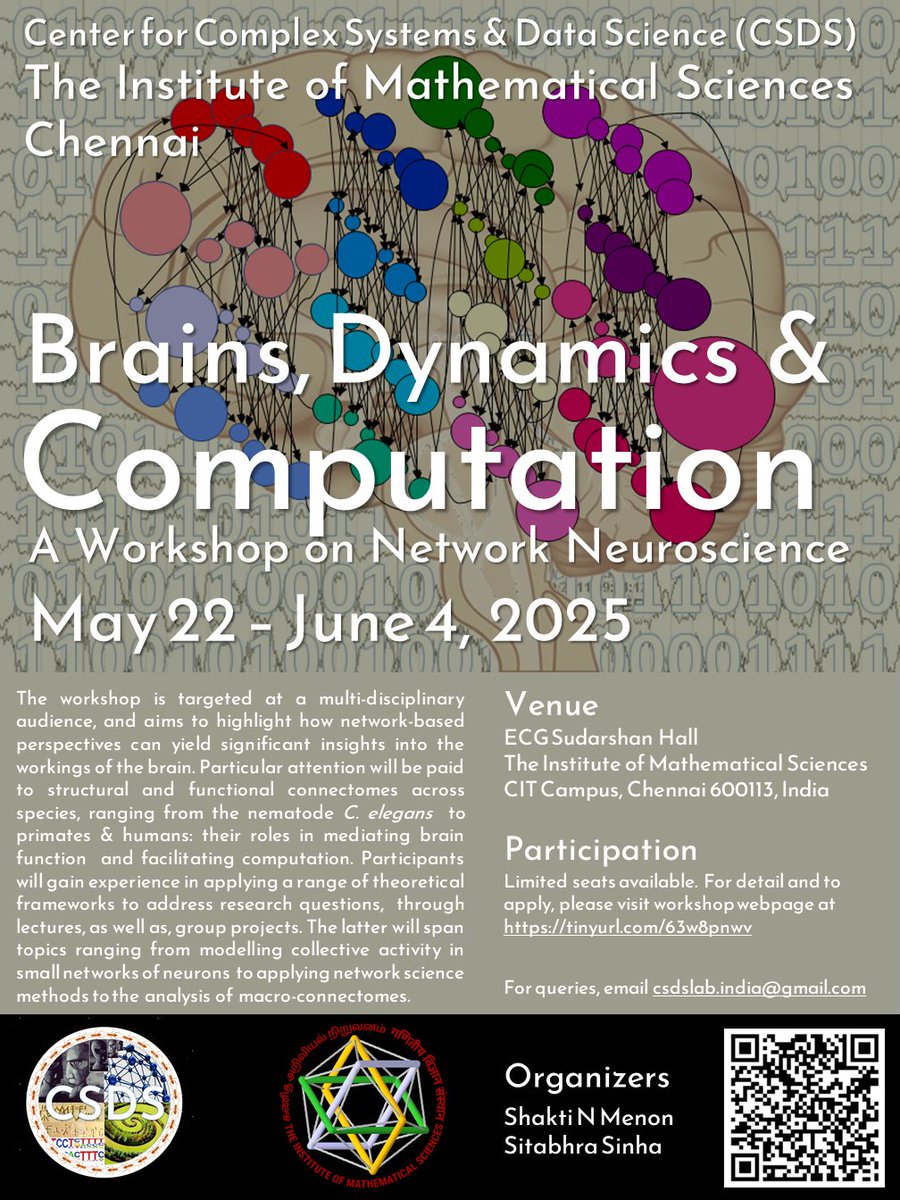 IMSc announces a #neuroscience workshop on a multi-disciplinary  approach highlighting network-based perspectives: "Brains, Dynamics and  Computation" during 22 May - 4 June.
For details and to apply: imsc.res.in/~sitabhra/meet…