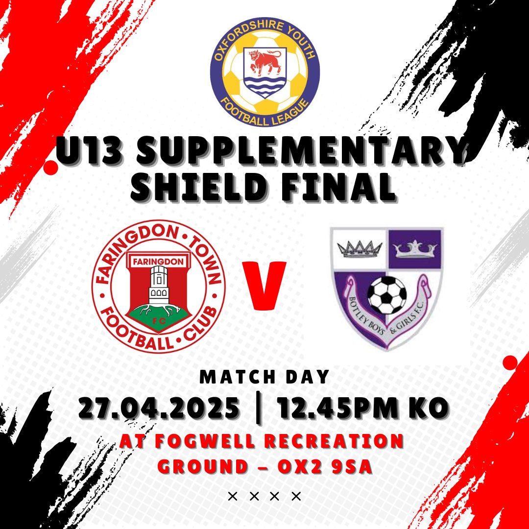 Faringdon Town FC (@faringdontownfc) on Twitter photo NOT ANOTHER ONE!!
Following on from the under 12’s cup final on Saturday, the under 13’s have a final on Sunday..
Good luck to Dylan and the team at Botley, KO 12.45 in the <a href="/OYFLeague/">Oxfordshire Youth Football League</a> Supplementary Shield!! ⚽️ 🏆 NOT ANOTHER ONE!!
Following on from the under 12’s cup final on Saturday, the under 13’s have a final on Sunday..
Good luck to Dylan and the team at Botley, KO 12.45 in the <a href="/OYFLeague/">Oxfordshire Youth Football League</a> Supplementary Shield!! ⚽️ 🏆