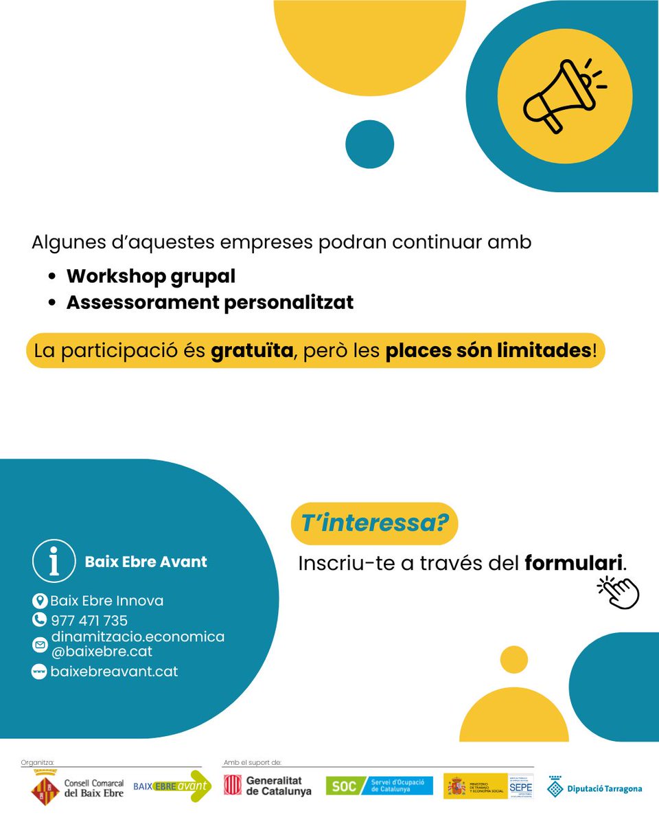 📣 Empreses del Baix Ebre! Programa GRATUÏT per aplicar #IA al teu negoci.
📅 Sessions formatives: 21/05, 04/06
➡️ Workshop
➡️ Assessorament personalitzat.
✅ Places limitades! Inscripcions: bit.ly/baixe-bre-ia

#TransformacióDigital #Pimes #Innovació