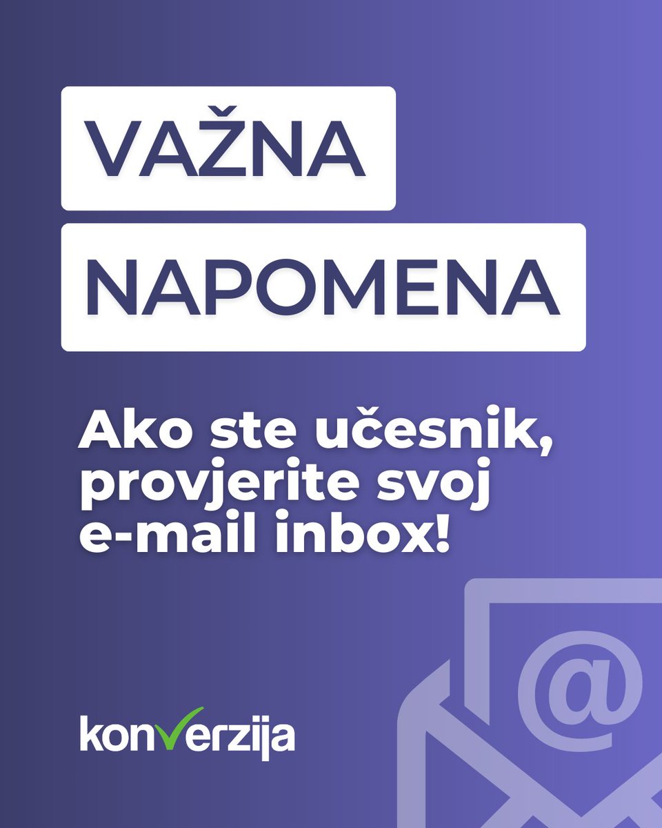 Spam, Promotions i sve ostalo. 📢

Poslali smo QR ulaznice sa kojima se sutra registrujete od 9h.

VAŽNO: Ne smijete skenirati QR kod, jer ulaznica neće biti više validna.