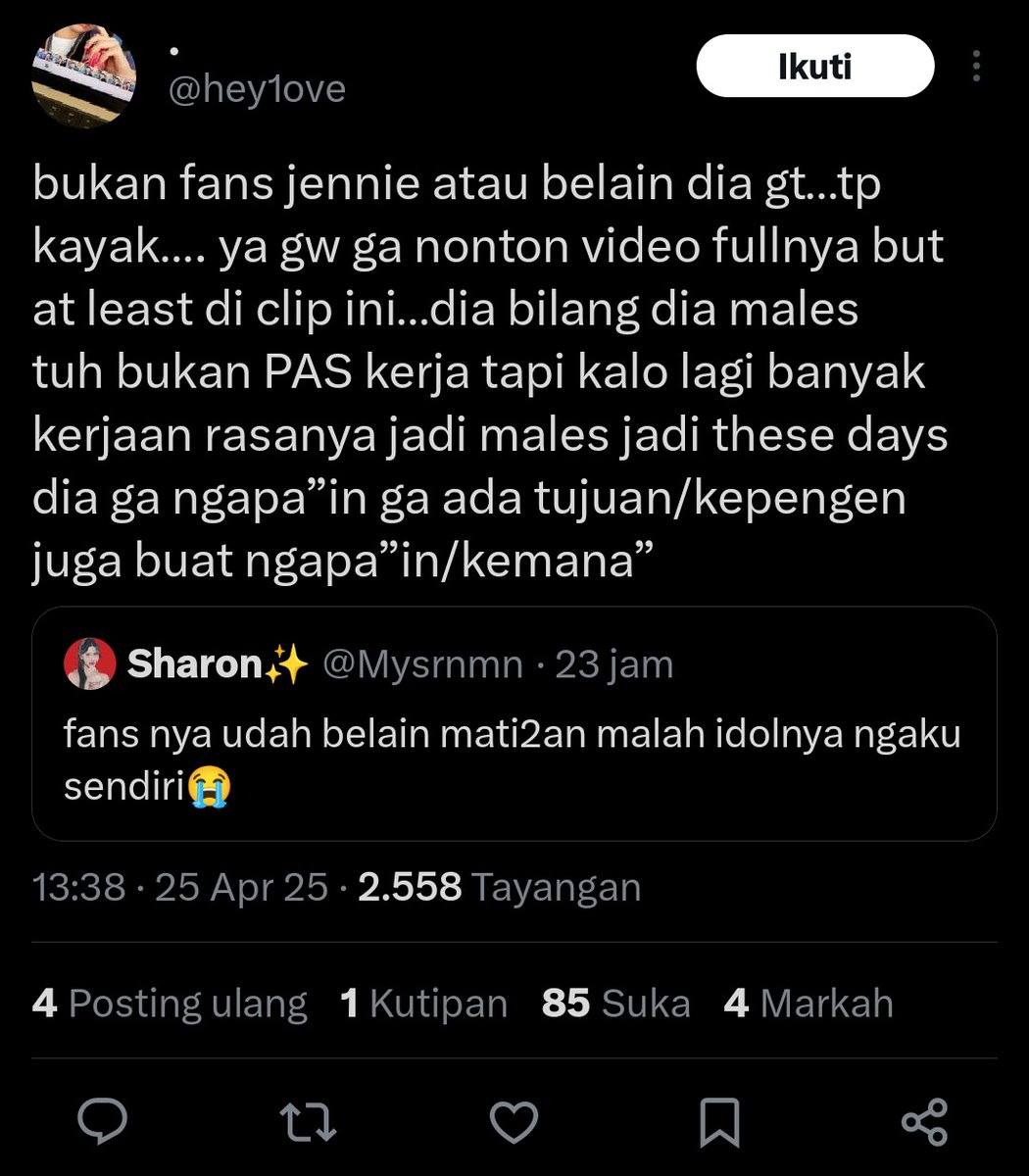 Hate jennie kali ini emg terlalu maksain sih. 12k likes dan pasti akan bertambah terus, ya ngebuktiin orang indon emg iq nya 78 😂 pantes lo semua rakyat indon dapet wowo dan fufufafa. Percuma lo ngeledekin fufufafa tiap hari tapi setuju sama si tolol Sharon ini wkwkwk