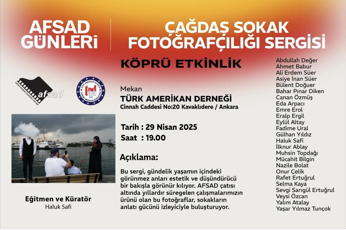 Çağdaş Sokak Fotoğrafçılığı ortak sergimiz, 29 Nisan saat 19.00’da Türk Amerikan Derneği’nde kapılarını açıyor.

Sokakların ve bizlerin hikâyelerini, birlikte keşfetmek için, siz fotoğraf tutkunlarını bu görsel yolculuğa davet ediyoruz.

#afsad #ankaraetkinlik #ancyradiary