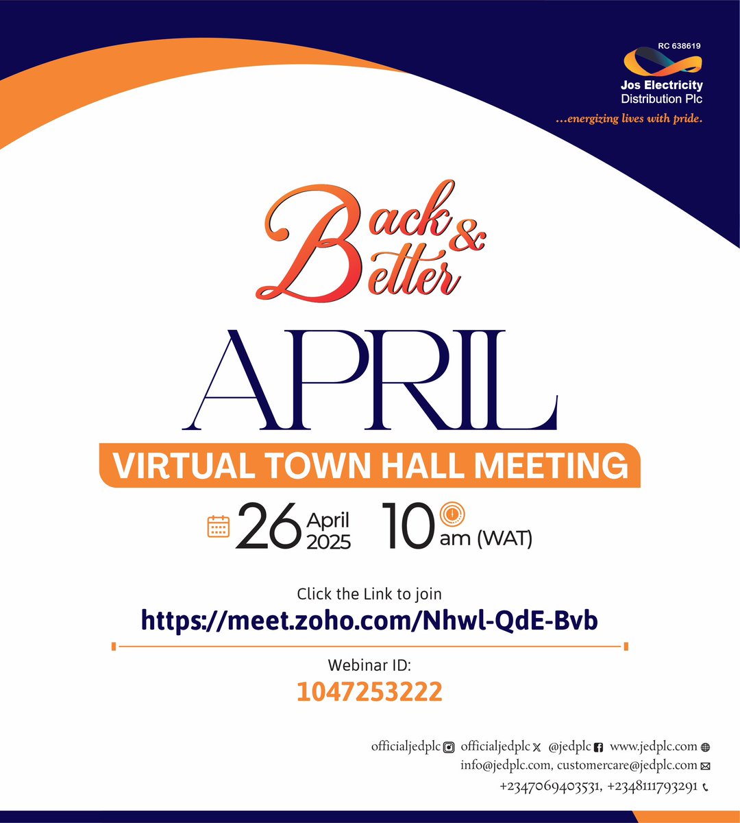 REMINDER! REMINDER!! REMINDER!!!

Valued Customers,

Join us tomorrow for this month's JED Virtual Town Hall Meeting.

Scheduled as follows:

Date: April 26, 2025
Time: 10am
Link: meet.zoho.com/NhwI-QdE-Bvb
Webinar ID: 1047253222

Kindly share and repost.